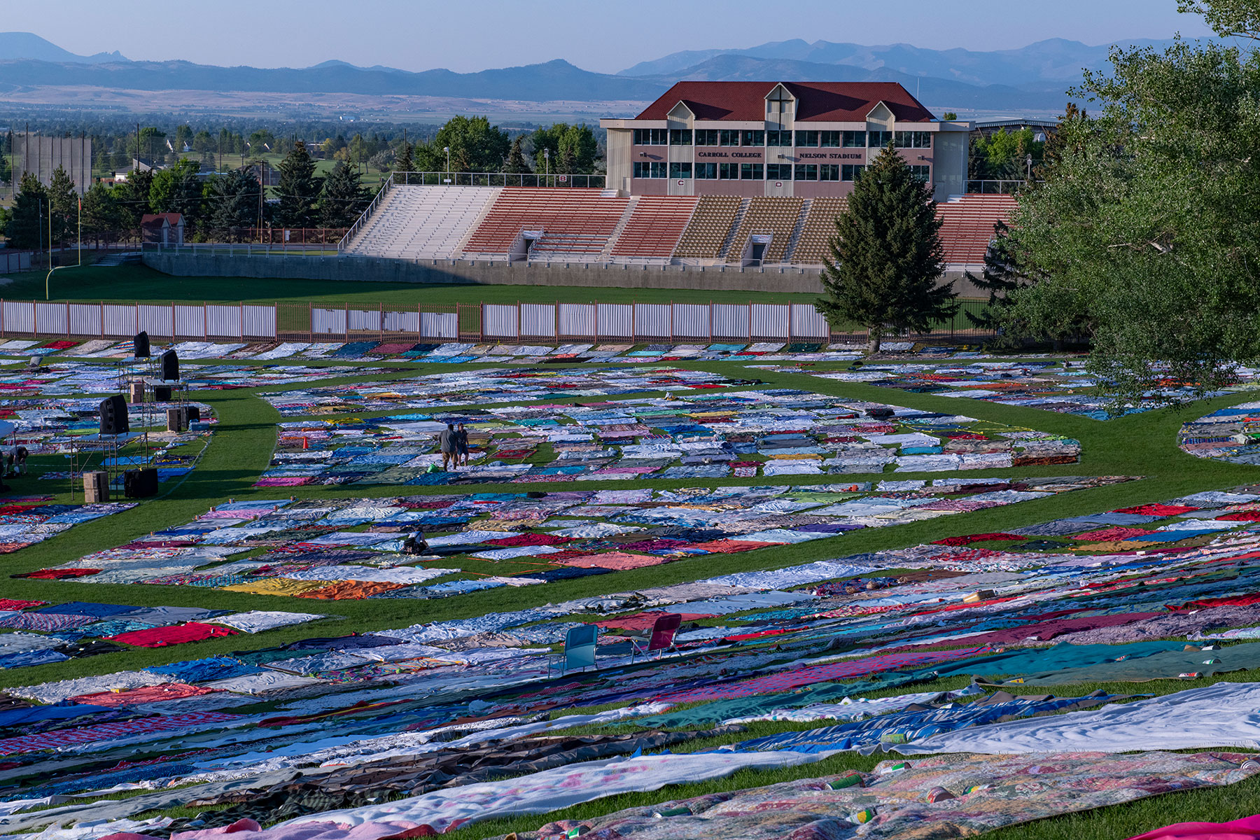 Blankets covering the lawn the night before the concert